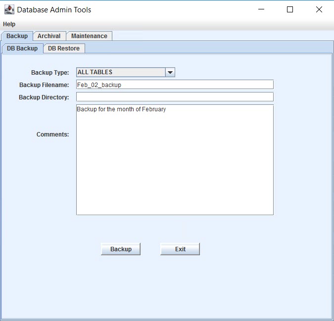 Database Admin Tools - DB Backup Tab