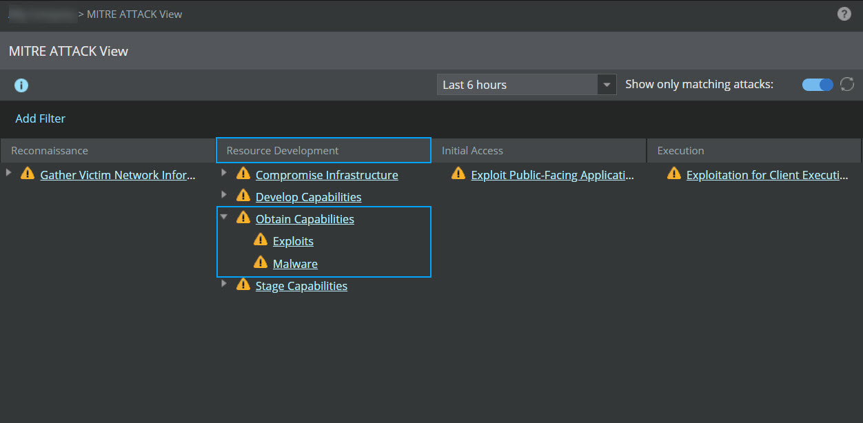 MITRE ATTACK View page showing techniques and sub-techniques for only matching attacks
