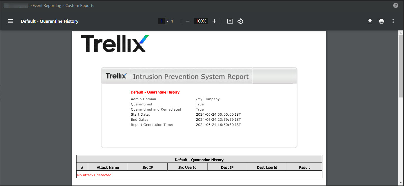 Default - Quarantine History report