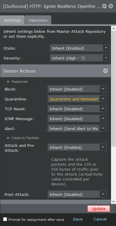 Configuration of Quarantine based on attack