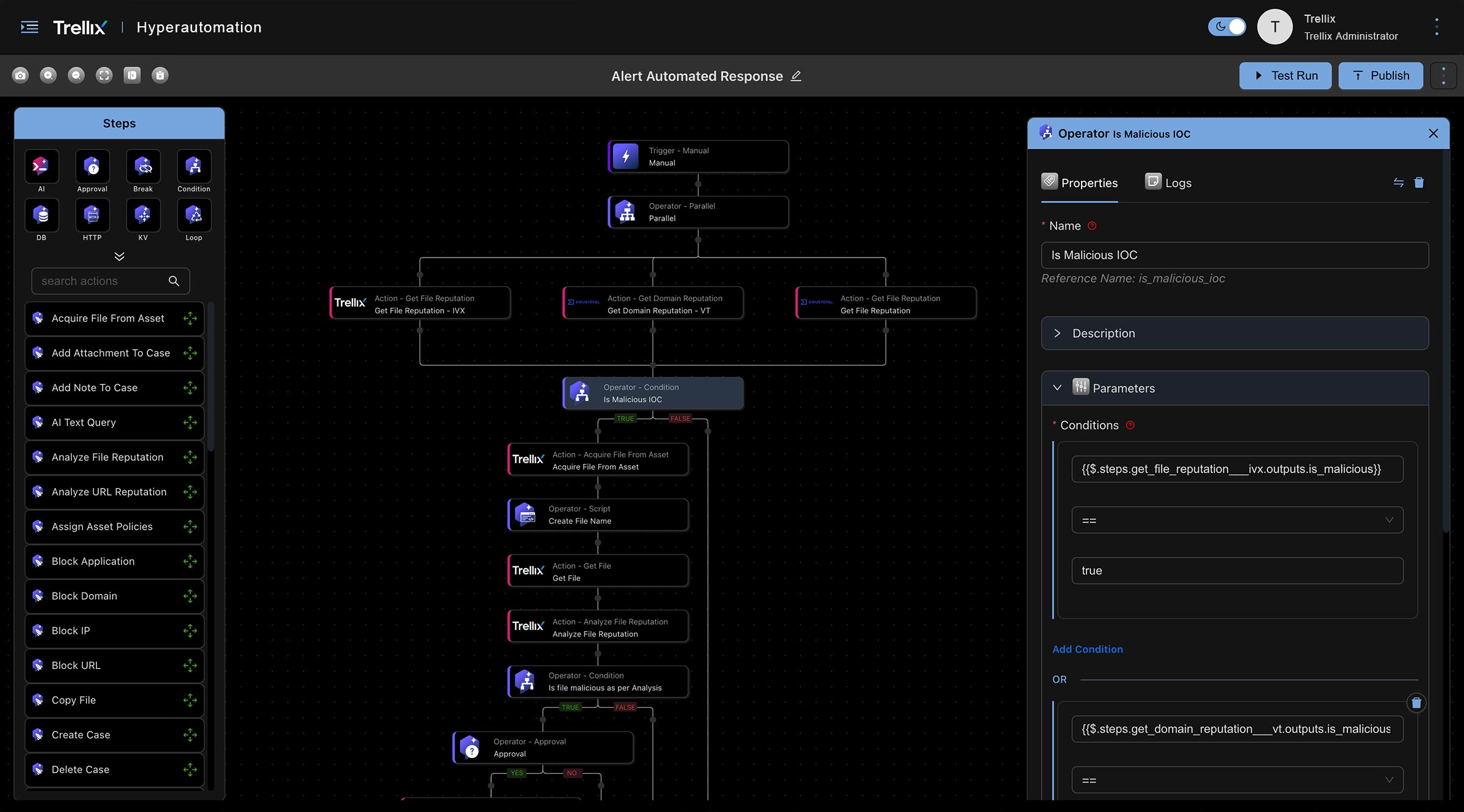 Flowchart illustrating automated response steps for file reputation analysis and conditions on the Trellix Hyperautomation interface.