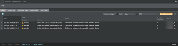 DNS server connectivity warning fault