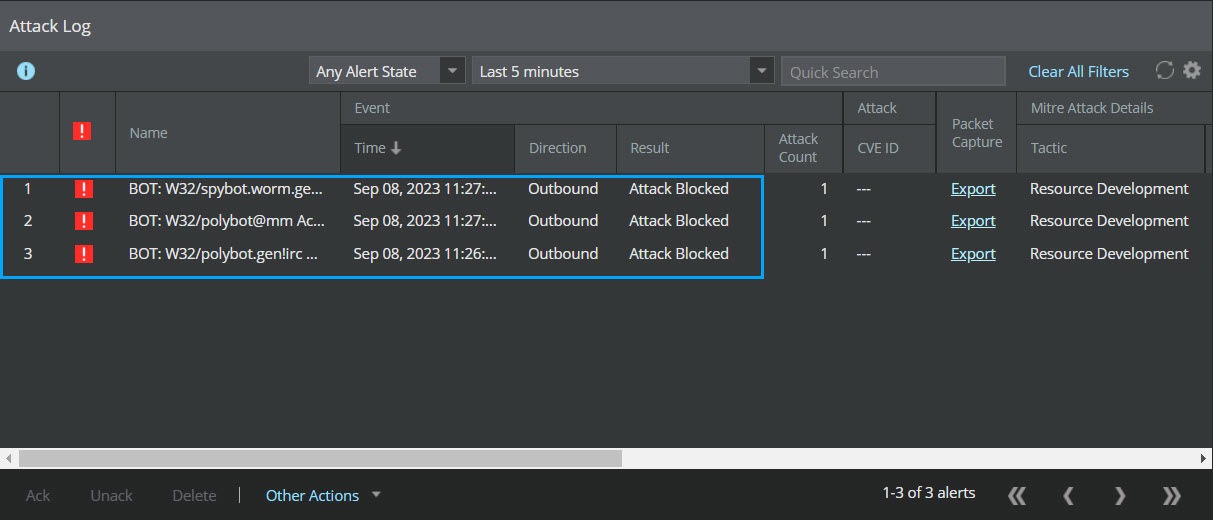 Attack Log showing attacks that have been blocked as per the user-defined blocking criteria