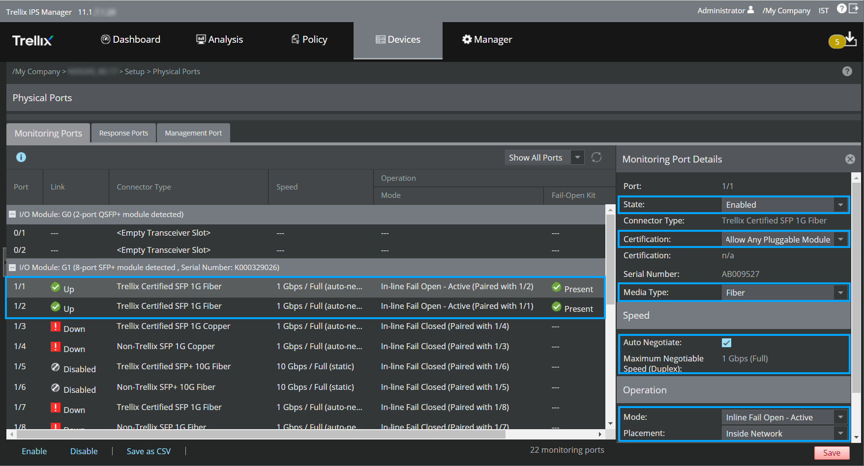 Configuration of a port pair for inline fail-open active operation