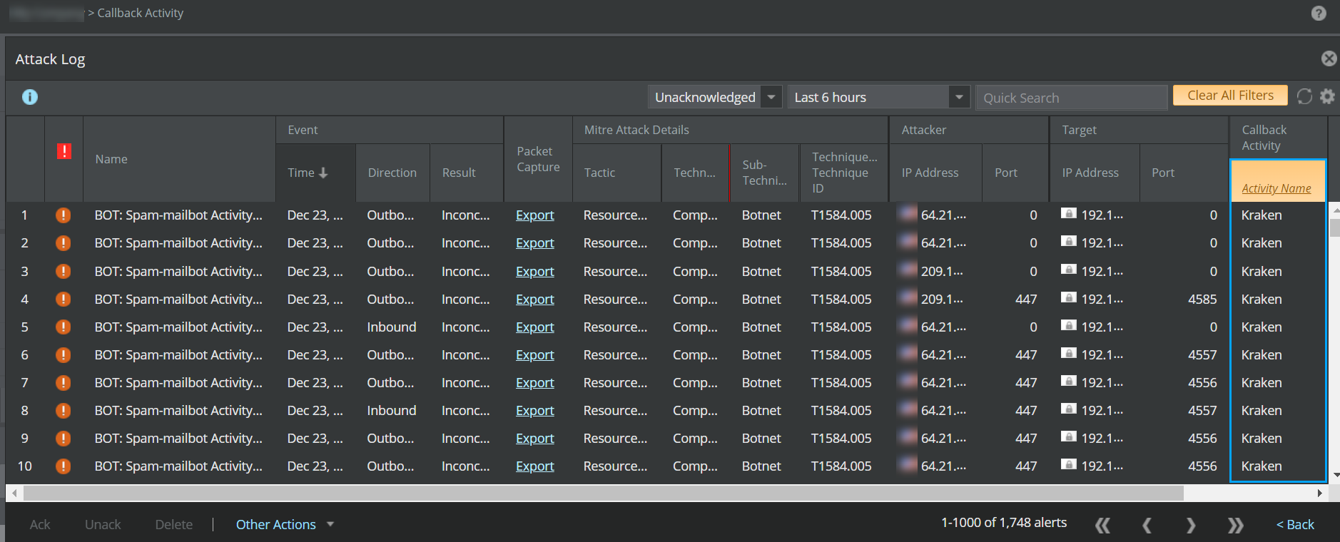 Callback Activity related alerts in Attack Log