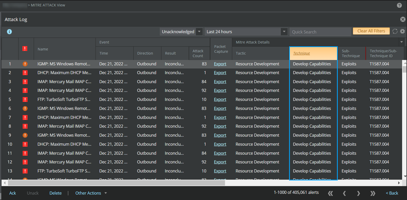 Attack Log page view with technique filter