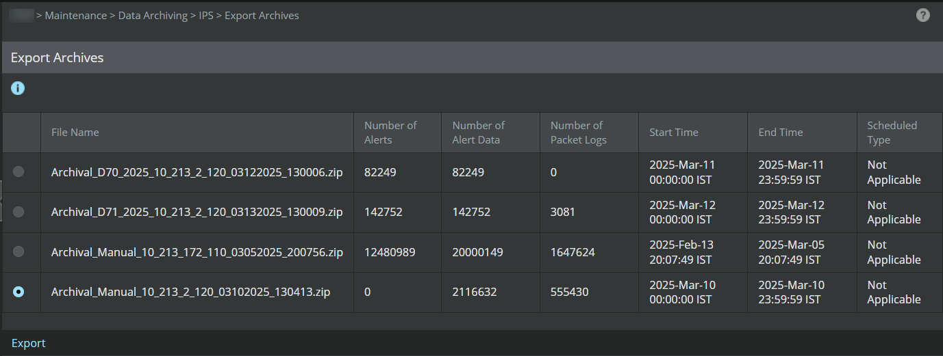 Export Archives page