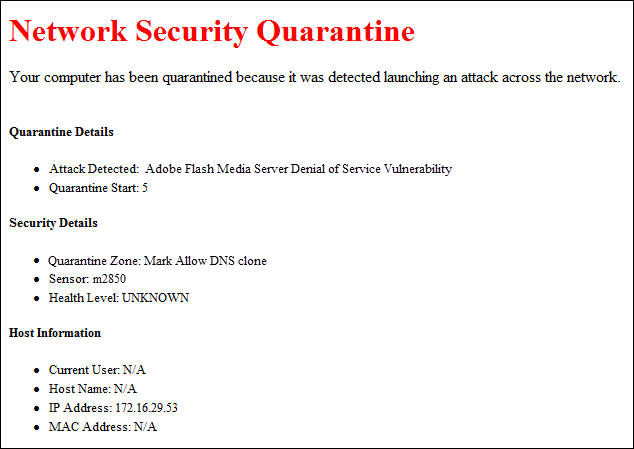 Browser redirect message sent by the Sensor to the quarantined endpoint