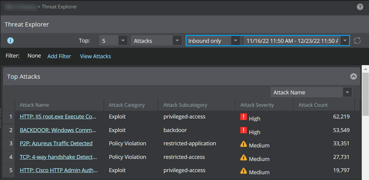 Threat explorer with time and direction filter
