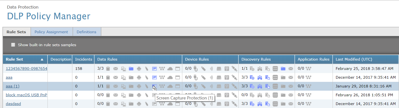 Rule Sets page showing tooltip information