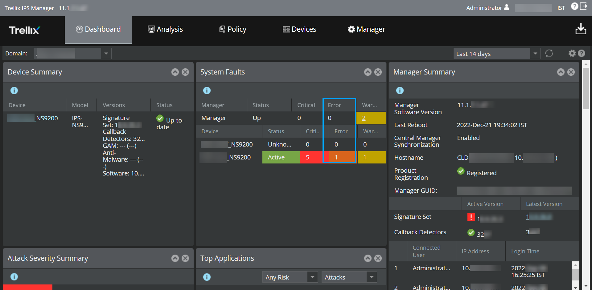 Error link in the System Faults monitor