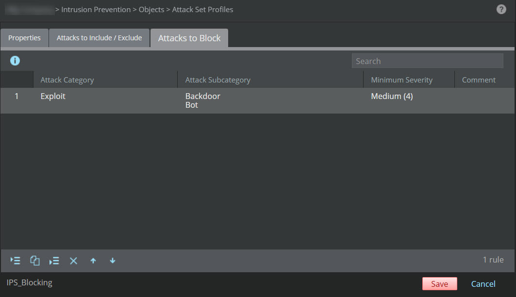 Attacks to Block tab as displayed during attack set profile configuration