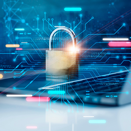 A padlock symbolizing cybersecurity overlaid on a digital background with data connections.