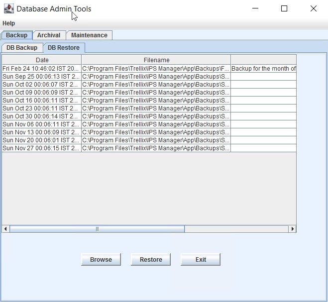 Database Admin Tools - DB Restore Tab
