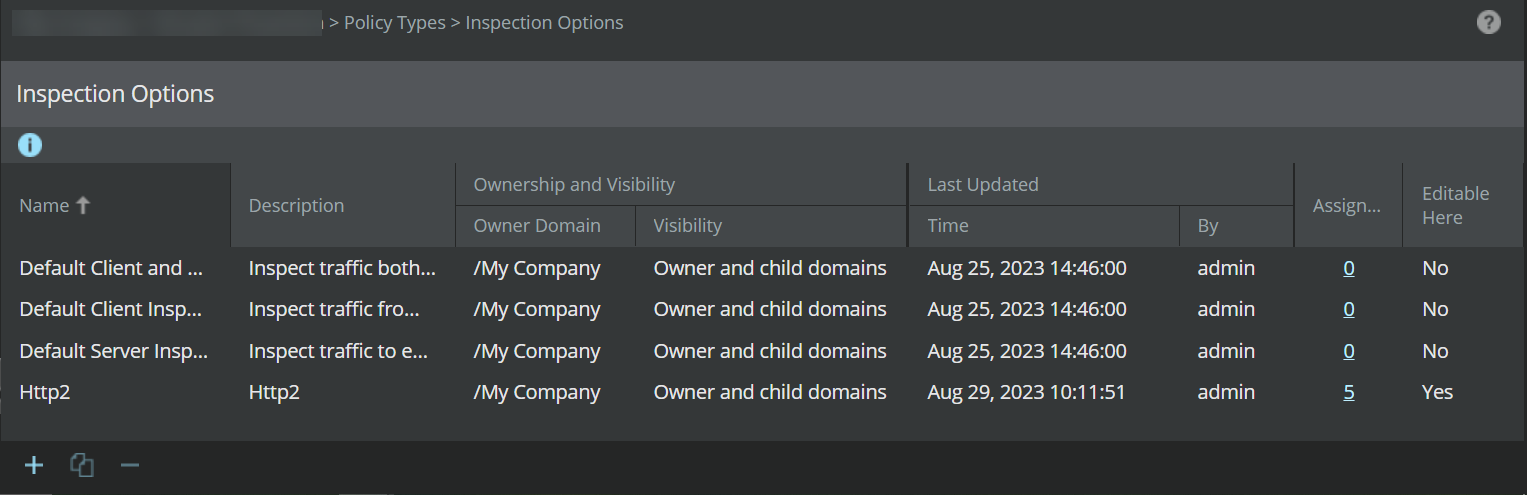 Inspection options policies page