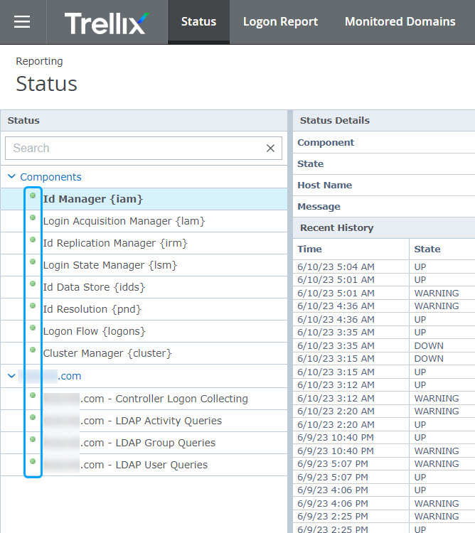 The status in Trellix Logon Collector