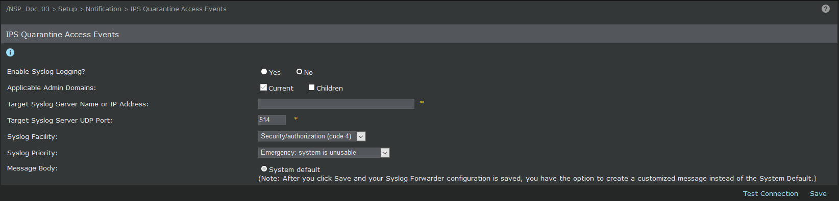 Syslog server details for Quarantine