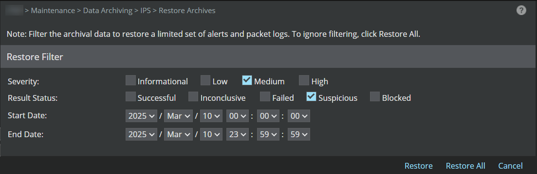 Restore Filter page