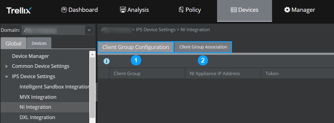 NI integration page in the Manager at the Global level