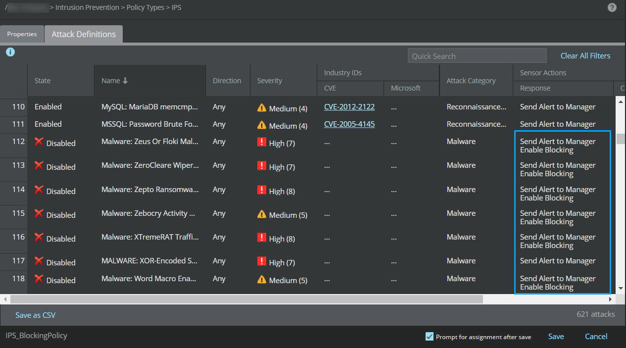 Attack Definitions tab showing the attacks automatically set to blocking