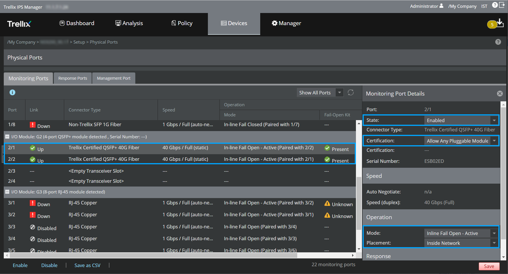 Configuration of a port pair for inline fail-open active operation