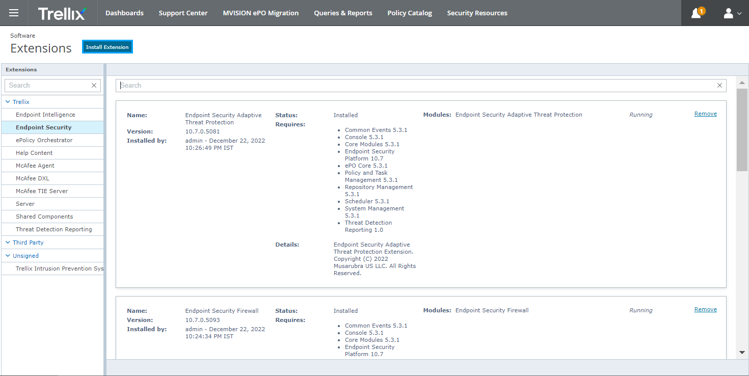 Navigating to software extensions on ePO console