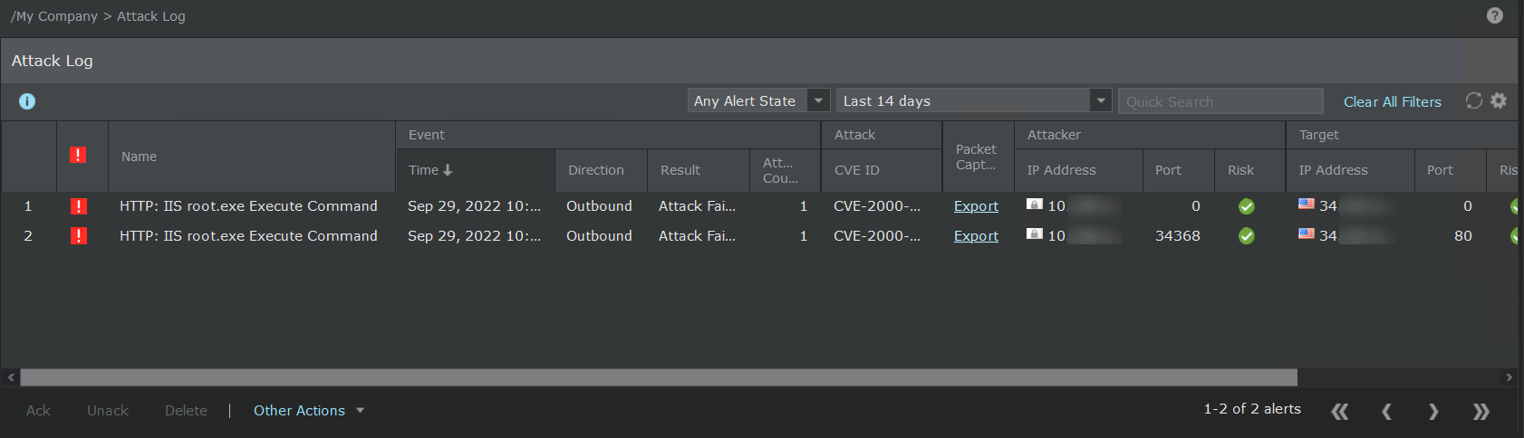 Viewing alerts in Attack Log