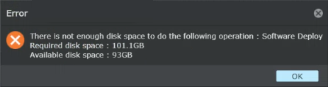 Error message displayed for device software deployment if there is insufficient disk space