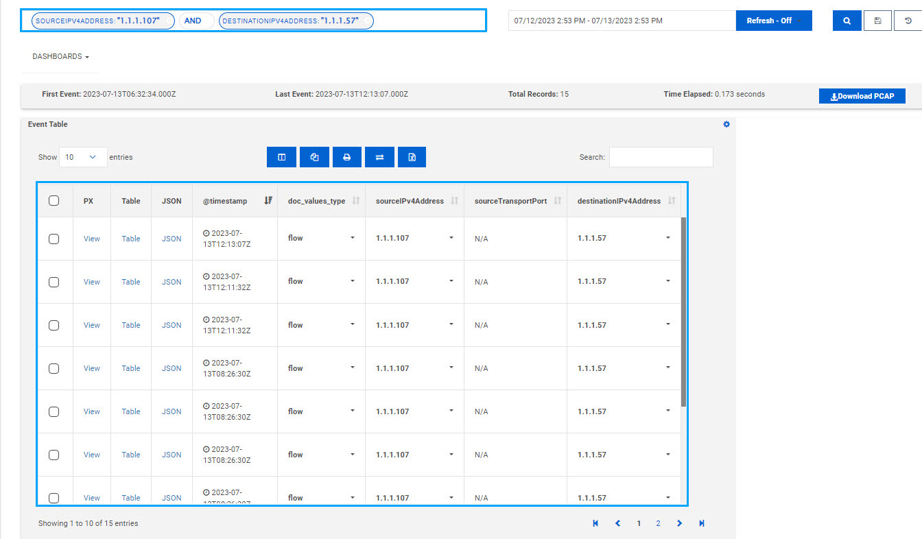 Event Table showing flow and alert data specific to source and destination IP address provided
