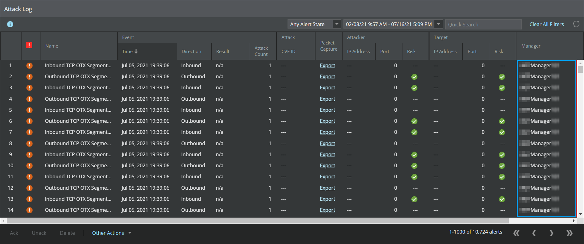 Attack log in Central Manager