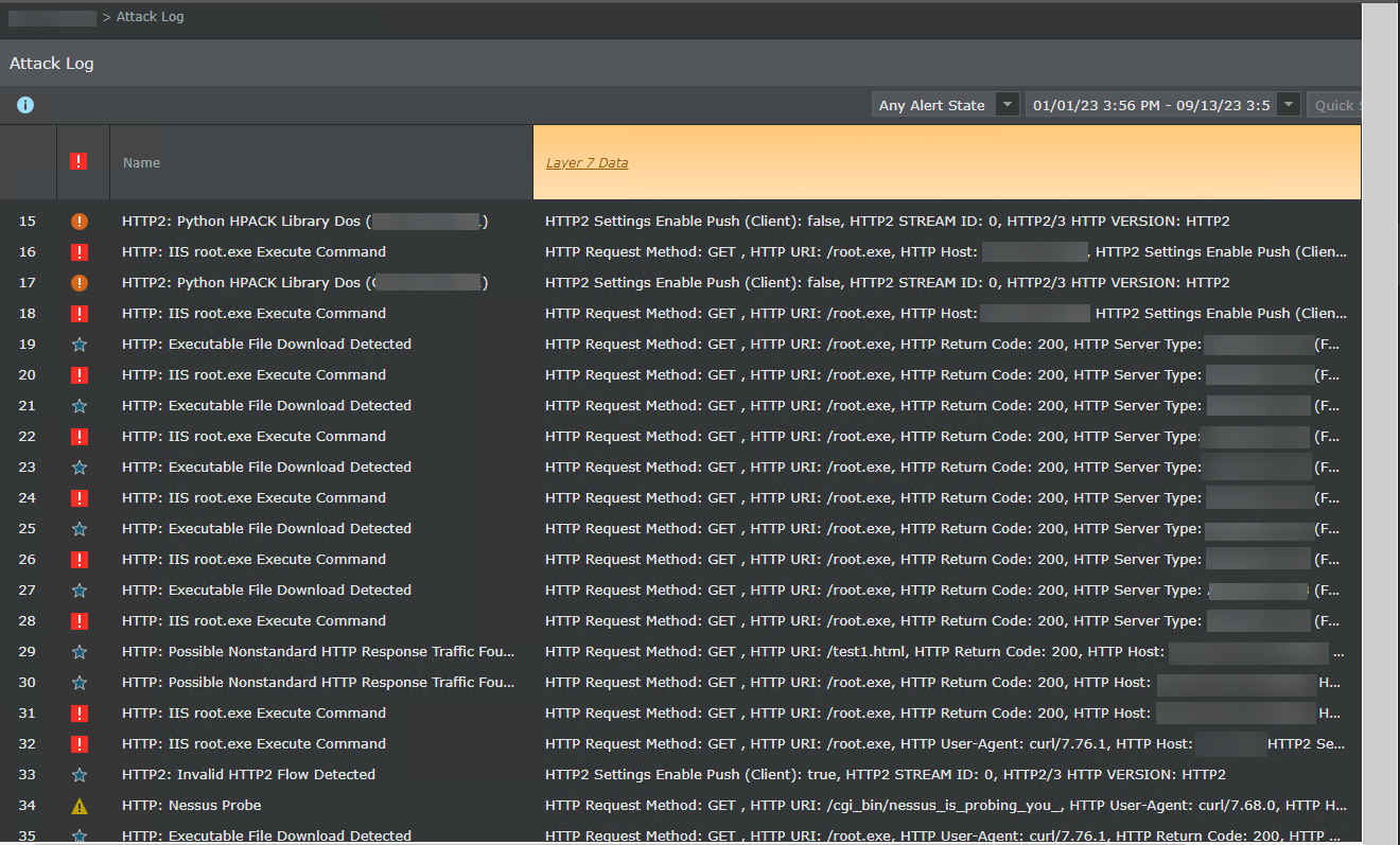 Alerts for attacks detected on HTTP2 traffic
