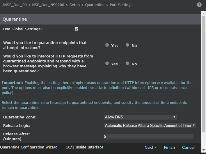 Quarantine Configuration Wizard for monitoring ports