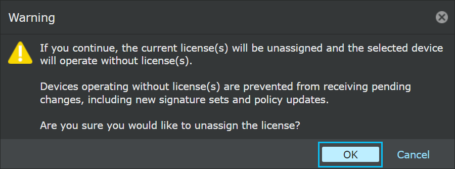 Unassigning license(s): Warning dialog box