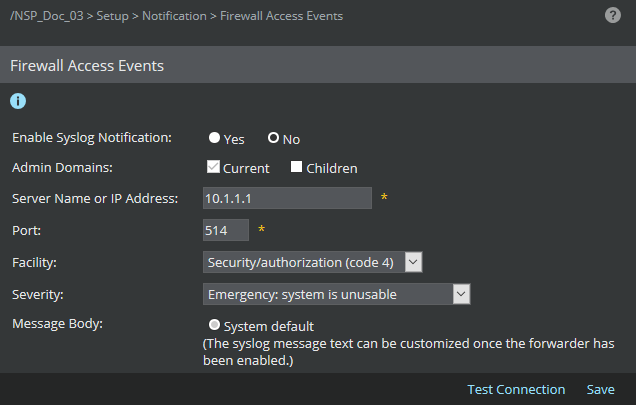 Syslog server details for Firewall Access Events