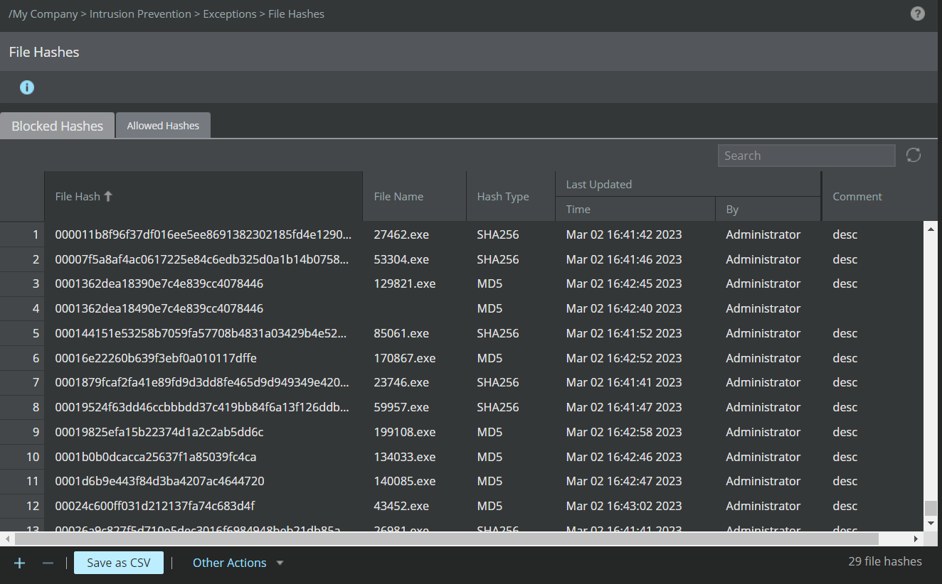 Blocked hashes