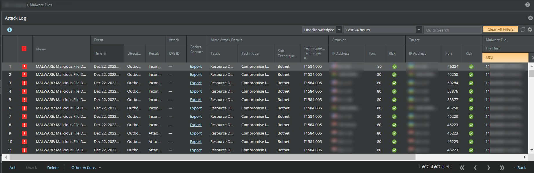 Attack log alerts for the hash selected