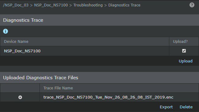 Diagnostics Trace page