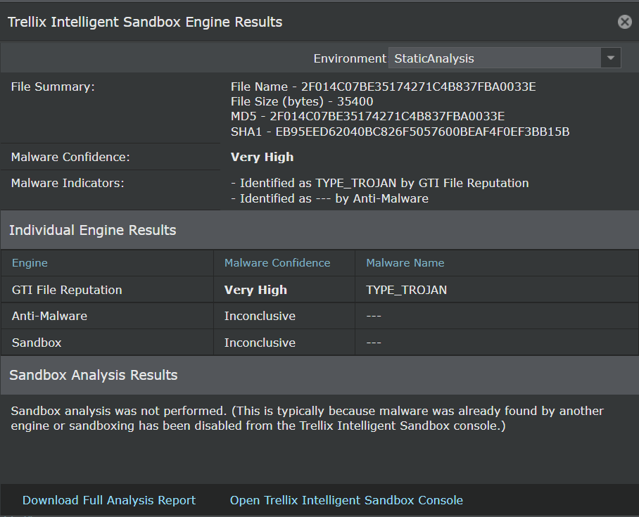 Details returned by Trellix Intelligent Sandbox