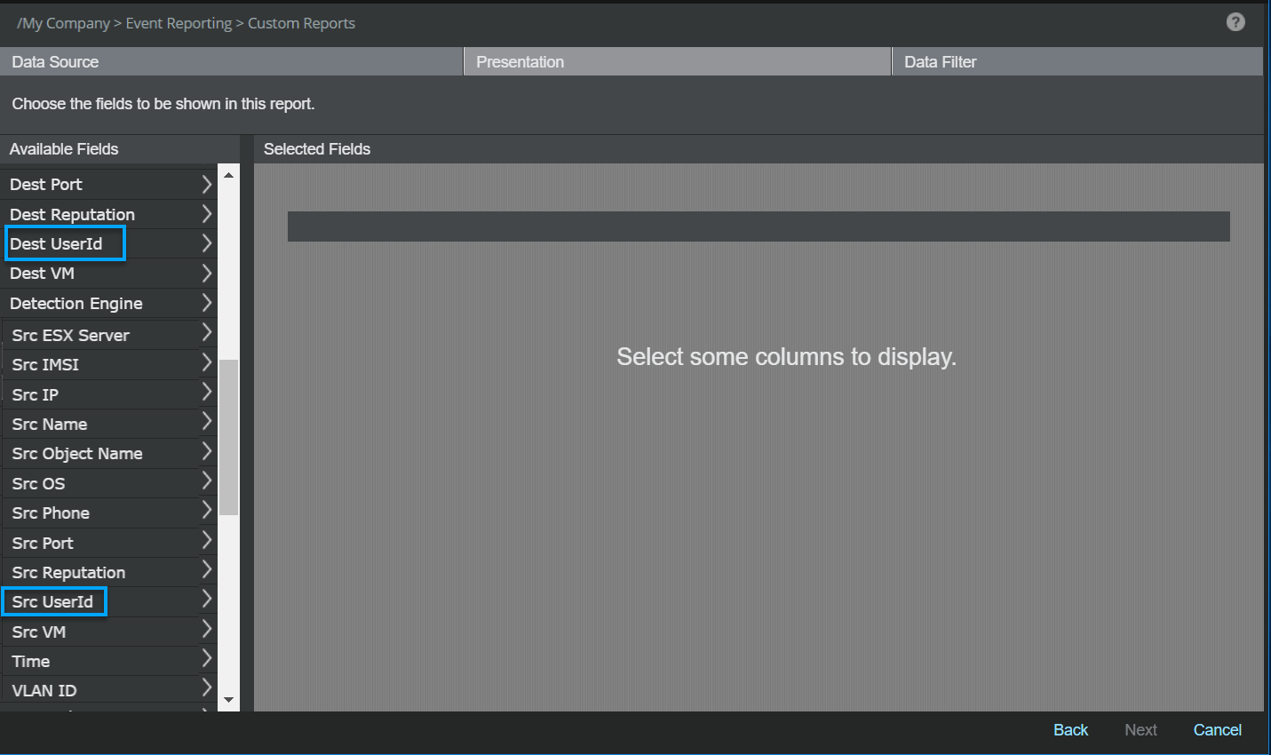 Table properties — Src UserId and Dest UserId fields