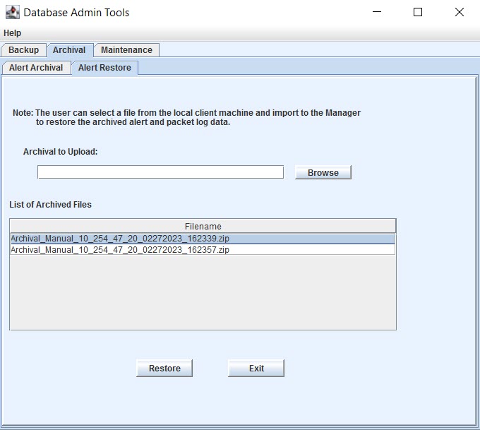 Database Admin Tools - Archival Alert Restore tab