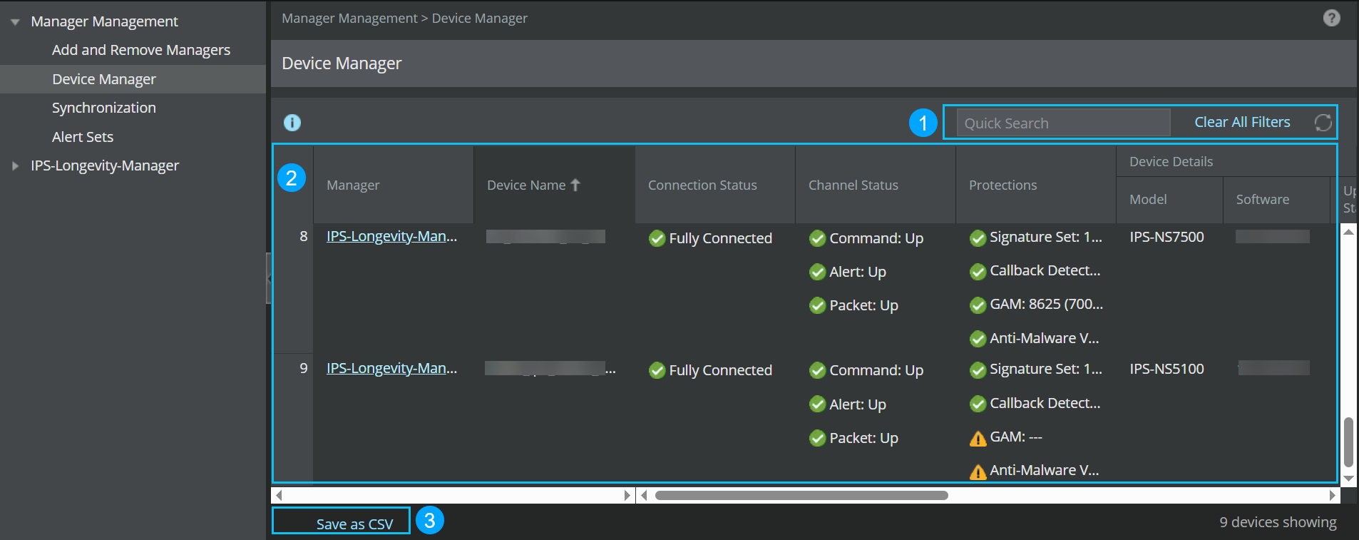 Device Manager page in Central Manager