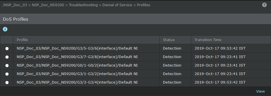 DoS Profiles page for a individual Sensor