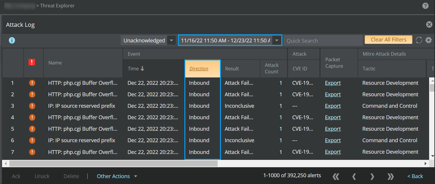 Attack log with Threat Explorer filter