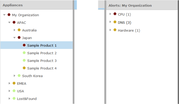 Appliances tree view and Alerts pane