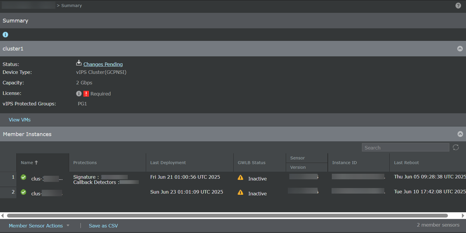 Summary details of a GWLB cluster