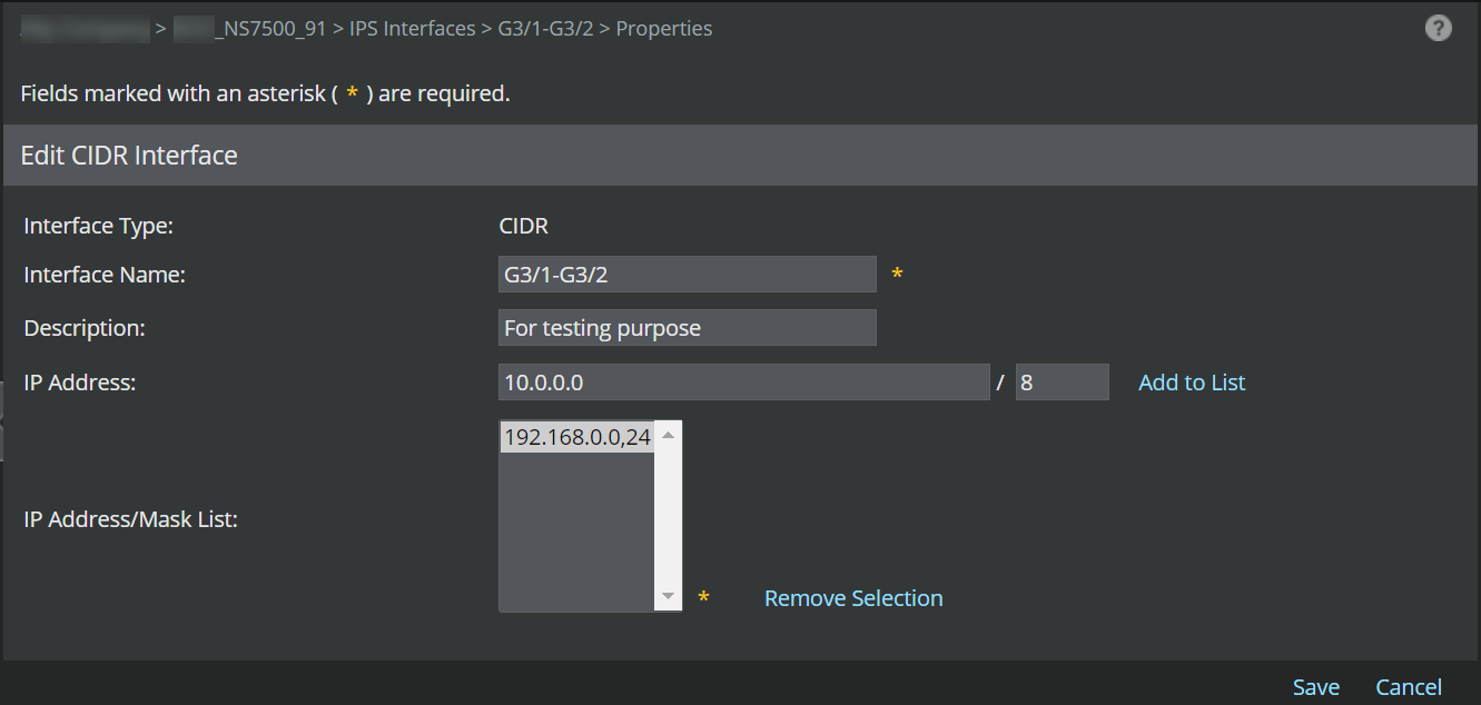 CIDR Interface window