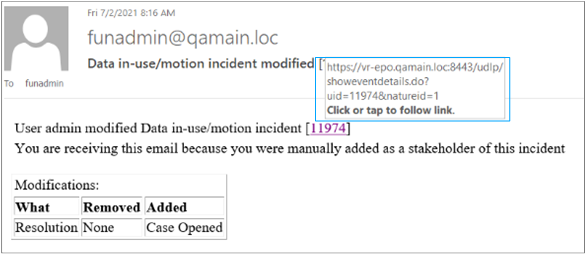 Example of an incident link with the FQDN server name