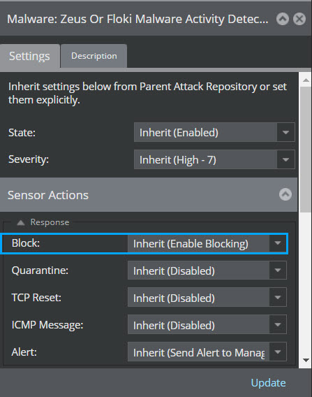 Sensor response action for block is shown as Inherit (Enable Blocking)