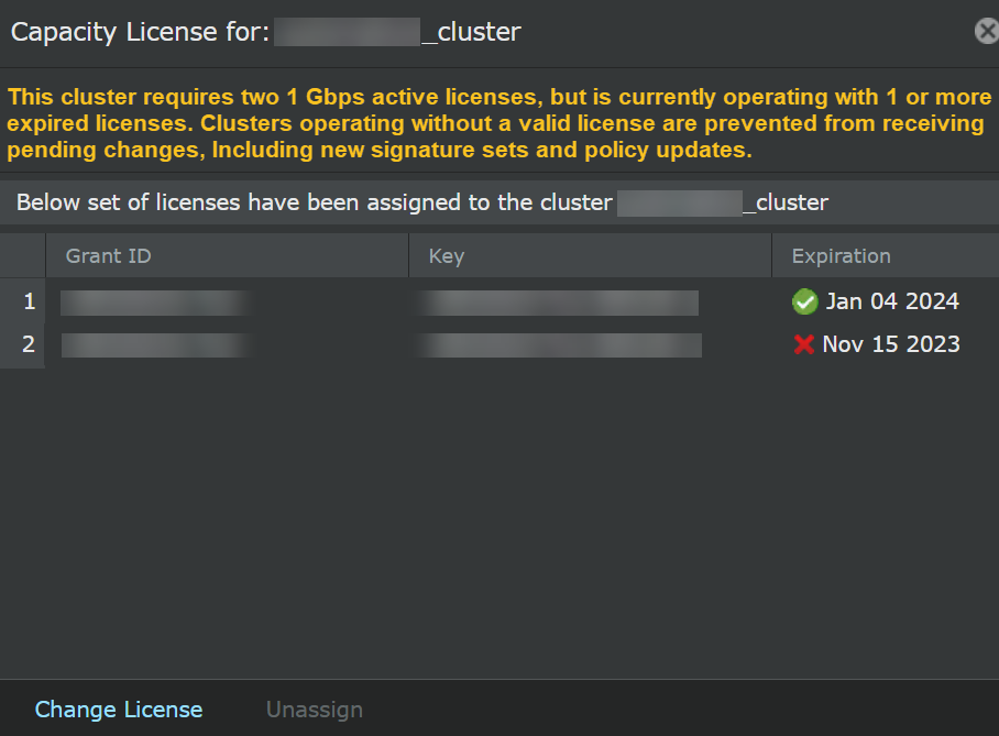Capacity license for: <Cluster_Name> window: Expired licenses
