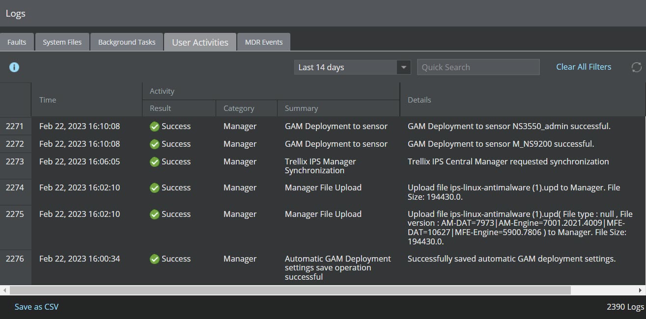 User Activities tab showing audit logs related to automatic GAM deployment